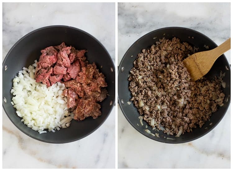 Side by side photos of a skillet with uncooked ground beef and onion, and then cooked and crumbled ground beef and onion.