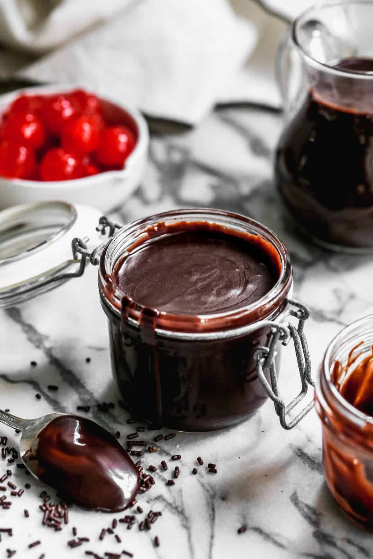 An easy Hot Fudge Recipe in a jar, ready to serve. 