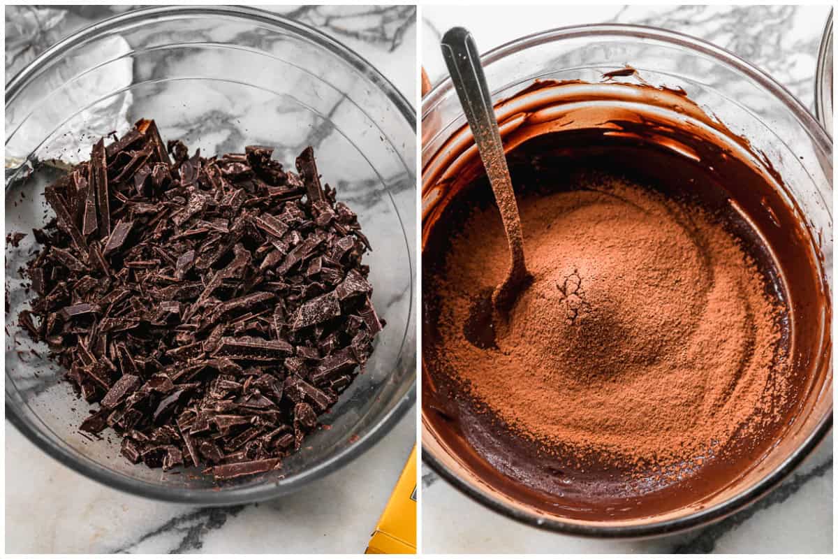 Two images showing chopped chocolate in a glass bowl then after it's melted and cocoa powder is mixed in for the best hot fudge sauce recipe. 