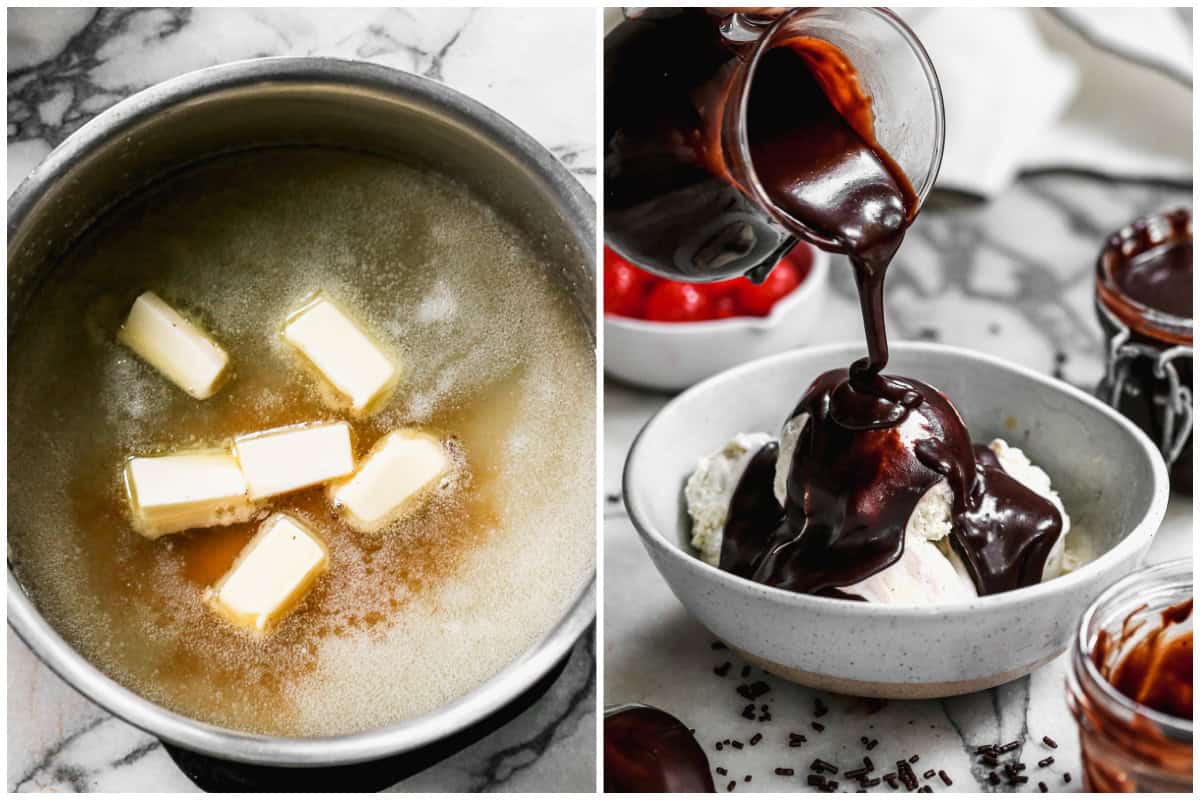 Two images showing how to make hot fudge by combining syrup ingredients in a pan then stirring in the chocolate and pouring on top of a bowl of ice cream for a hot fudge sundae. 