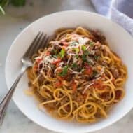 A pasta bowl full of Spaghetti made from the instant pot, garnished with parsley and parmesan.