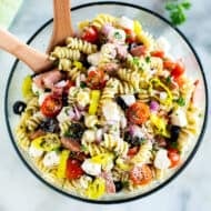 Homemade Italian Pasta Salad in a large glass bowl, ready to serve.