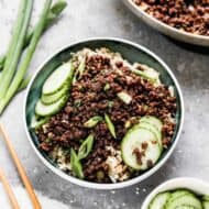 Korean Ground Beef served over rice, in a bowl.