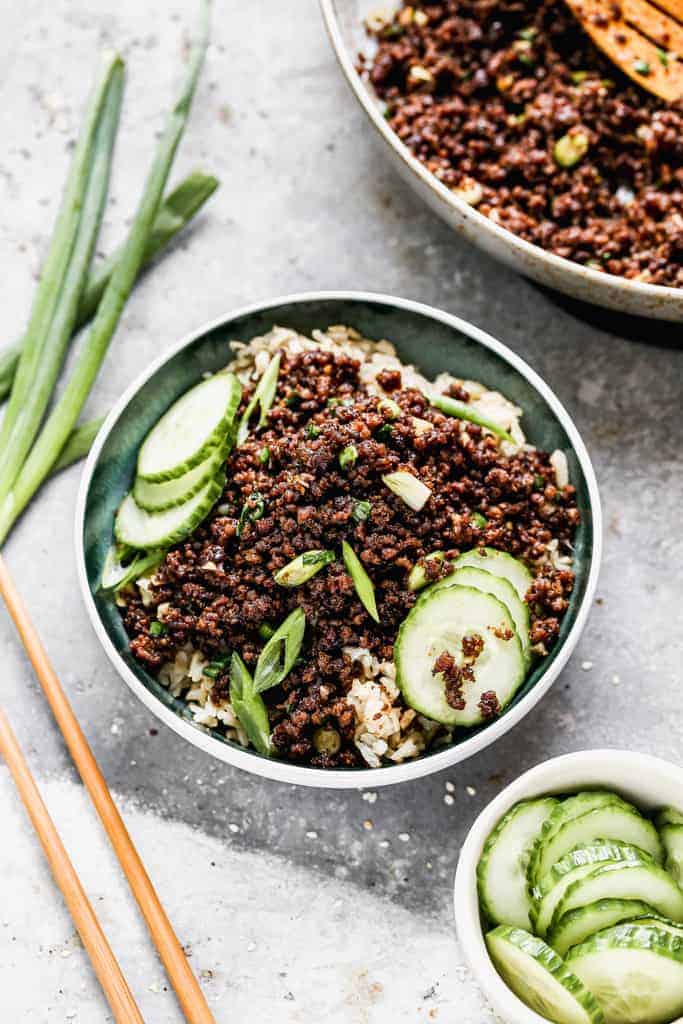 Korean Ground Beef served over rice, in a bowl.