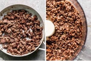 Ground beef browned in a skillet next to a food process with crumbled ground beef.