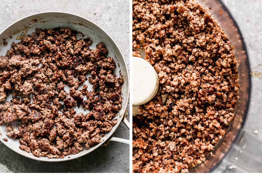 Ground beef browned in a skillet next to a food process with crumbled ground beef.