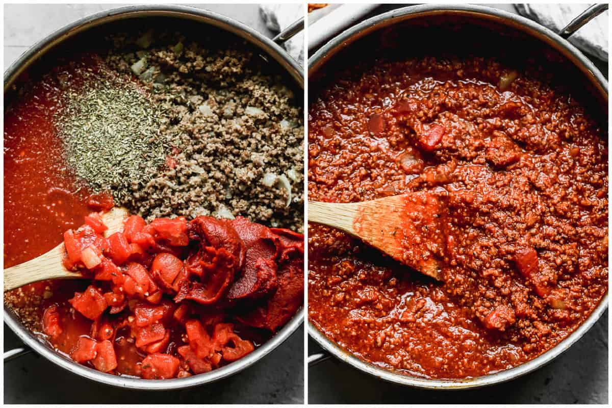 Two images showing a meat sauce before and after the ingredients are combined in a pan to make stuffed shells with ground beef. 