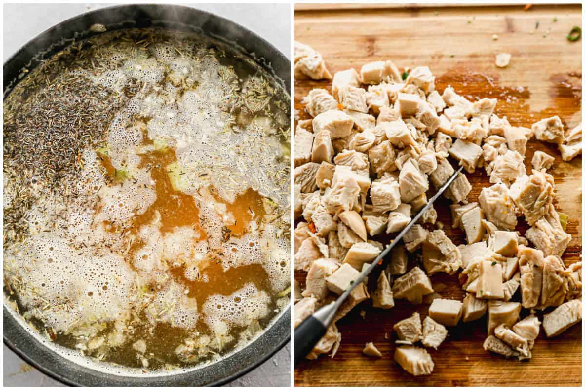 Two images showing chicken broth cooking in a soup broth then after it's removed and chicken is chopped for an orzo soup recipe. 