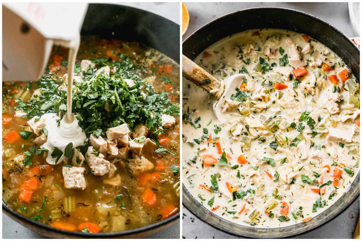 Two images showing a creamy chicken orzo soup recipe with the chopped cooked chicken and herbs dumped in with a drizzle of cream, then when it's all hot and ready to ladle into bowls. 