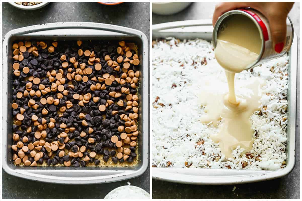 Two images showing how to make magic bars by layering chocolate chips, heath bars, and coconut on top of a graham cracker crust then sweetened condensed milk poured on top. 