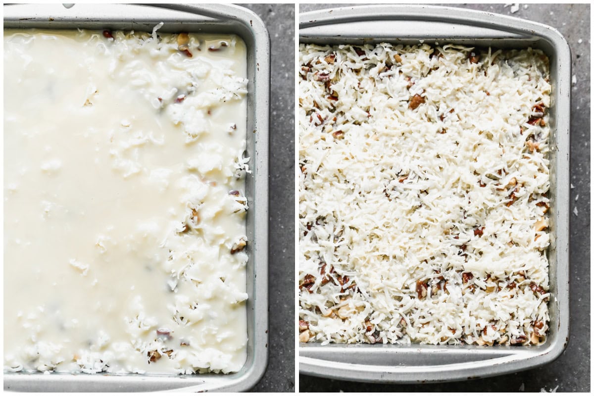 Two images showing magic cookie bars before and after baking. 