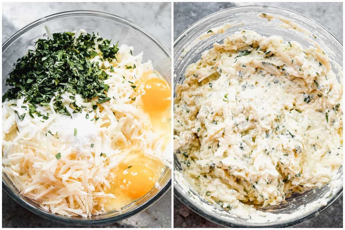 Two images showing ricotta, mozzarella, eggs, salt, pepper, herbs, and parmesan cheese in a bowl before and after it's mixed.