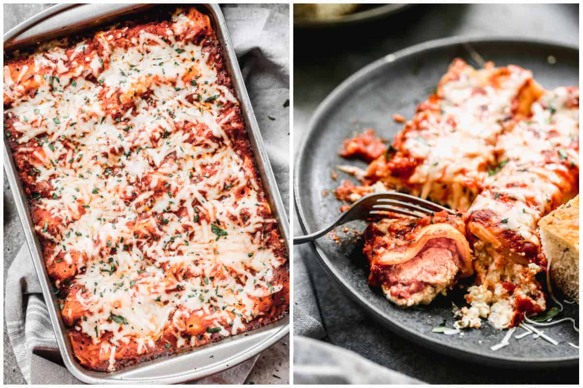 Two images showing stuffed manicotti fresh out of the oven, then after it's on a plate with a fork cutting a bite. 