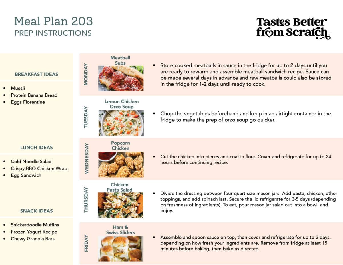 Prep ahead instructions for meal plan 203.