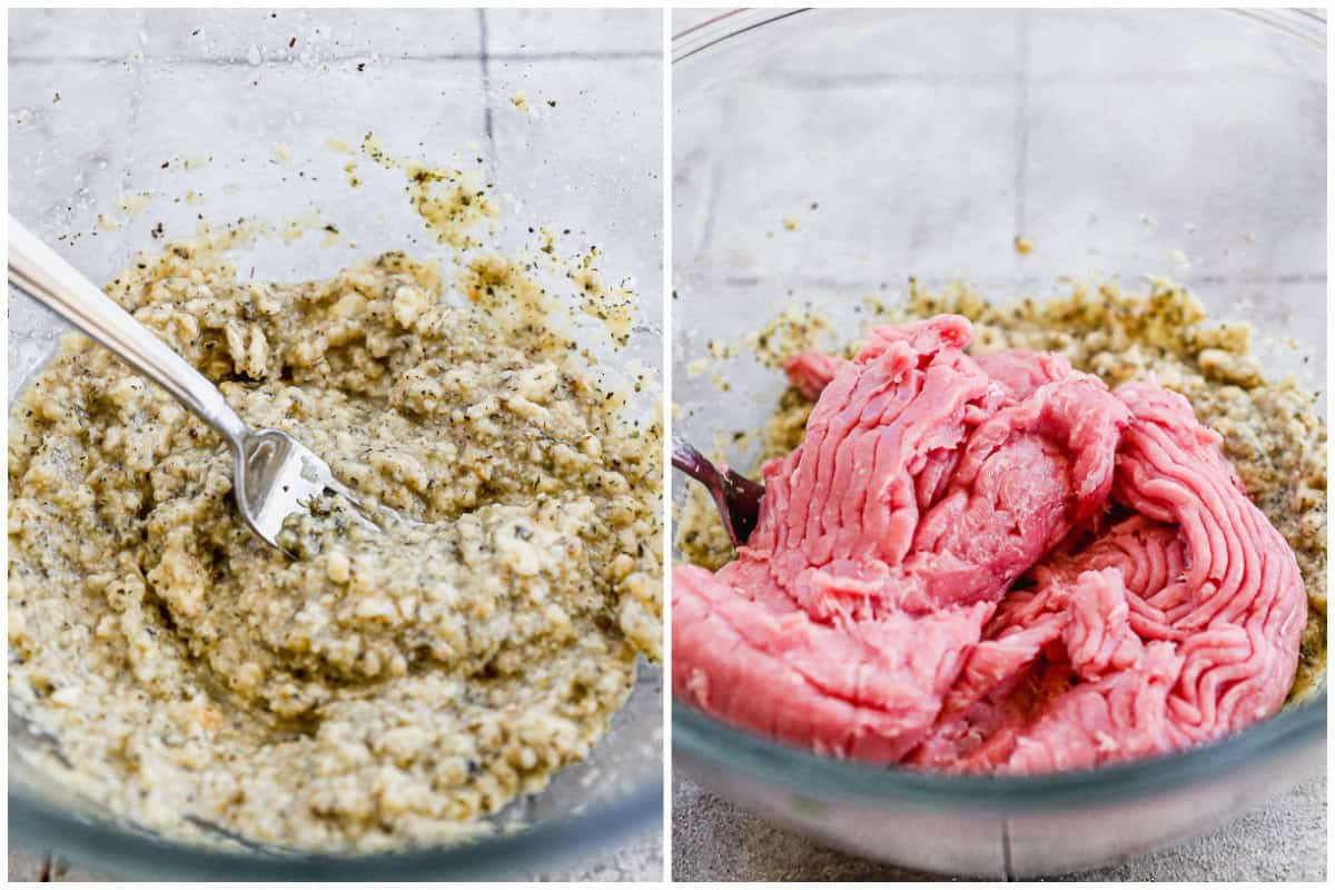 Two images showing a mixture of crackers, broth, spices and egg then after beef is added to make homemade meatballs. 