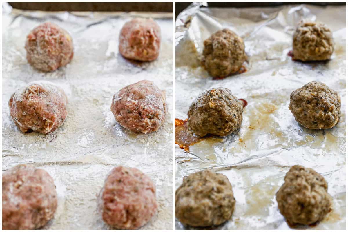 Two images showing meatballs on an aluminum lined baking sheet before and after they are baked. 