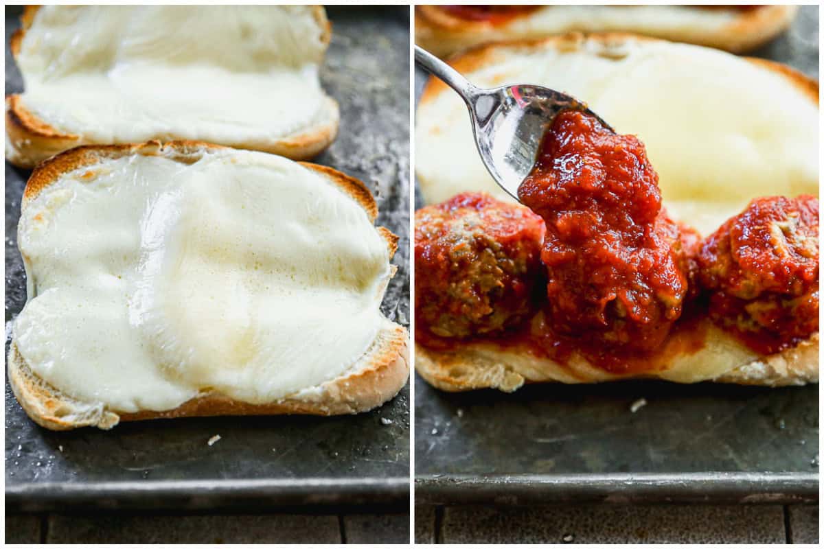 Two images showing how to make meatball subs by toasting the buns with melted provolone cheese, then spooning on three meatballs and some marinara sauce. 