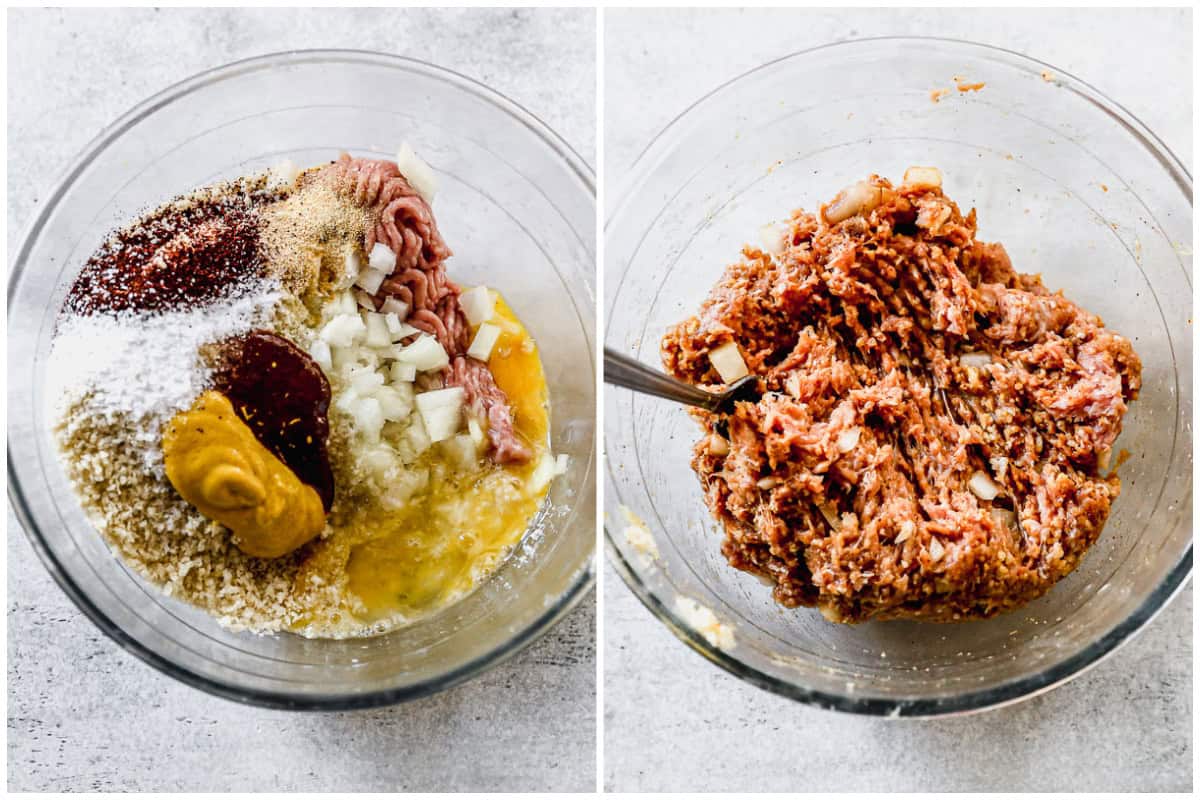 Two images showing how to make mini meatloaf by dumping all the ingredients in a bowl then mixing until combined. 