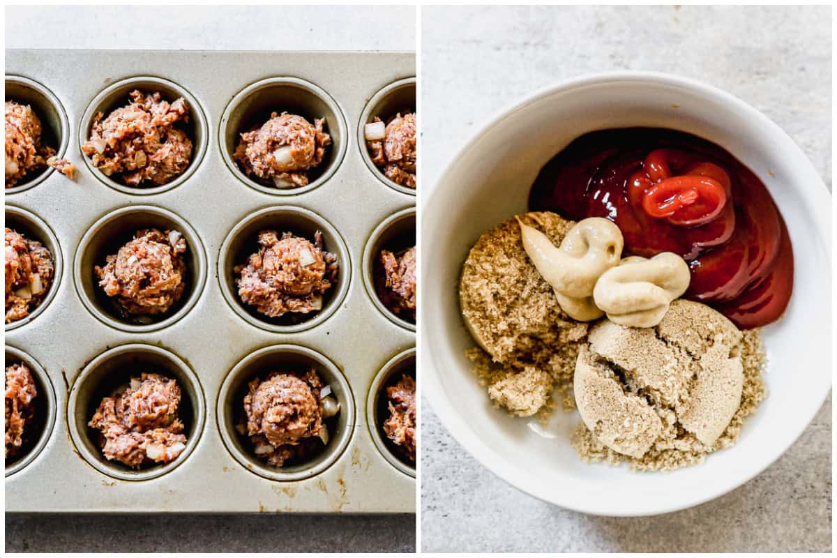 Two images showing mini meatloaf muffins scooped into a muffin tin then an easy sauce made with ketchup, brown sugar, and dijon mustard in a bowl. 