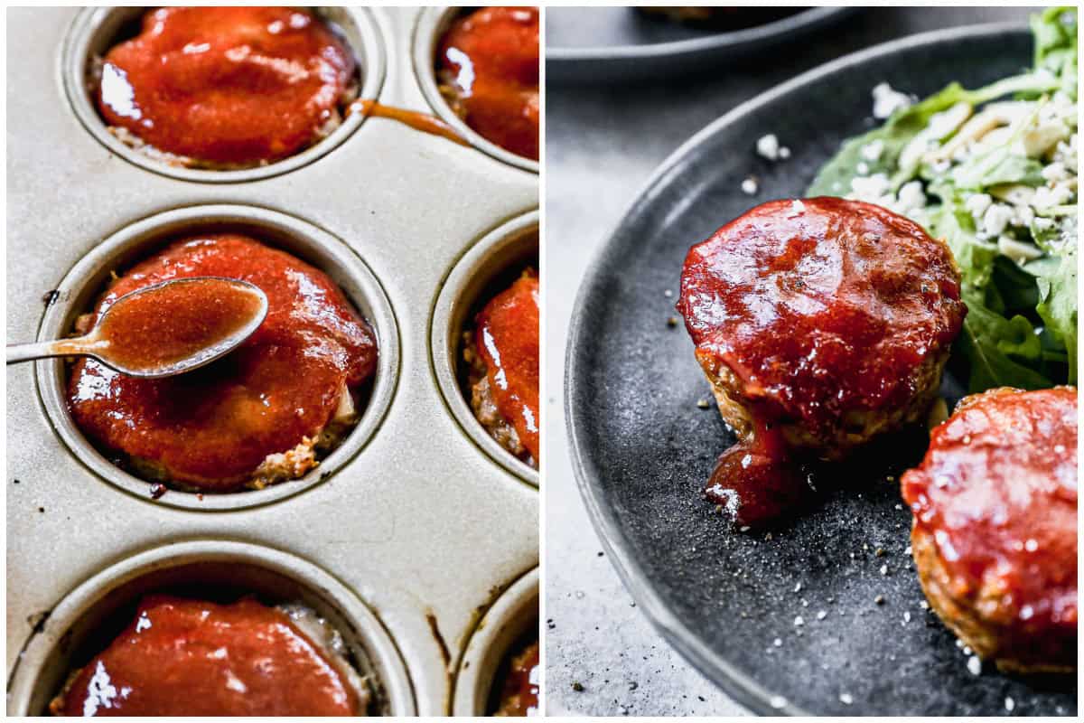 Two images showing a small meatloaf recipe made in a muffin tin and spooning a sauce on top then after it's baked and served on a plate with a green salad. 