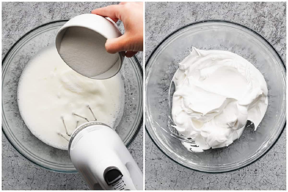 Two images showing how to make pavlova by whipping egg whites and adding sugar as you whip until it achieves stiff peaks. 