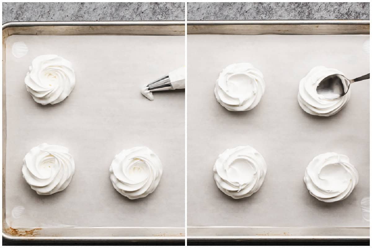 Two images showing the meringue for a pavlova dessert recipe being piped then indented with a spoon before baking. 