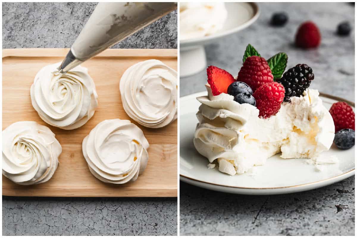 Two images showing the best pavlova recipe being topped with a whipped cream from a piping bag then after it has fresh berries and a bite taken from it. 