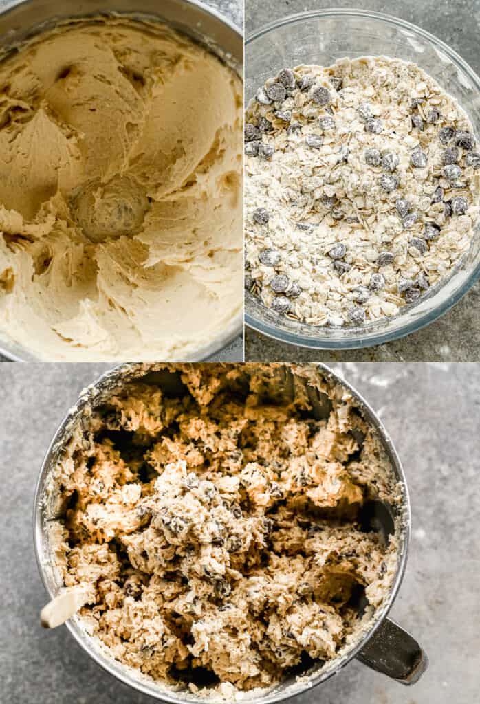 Three process photos for making oatmeal cookie bar dough.