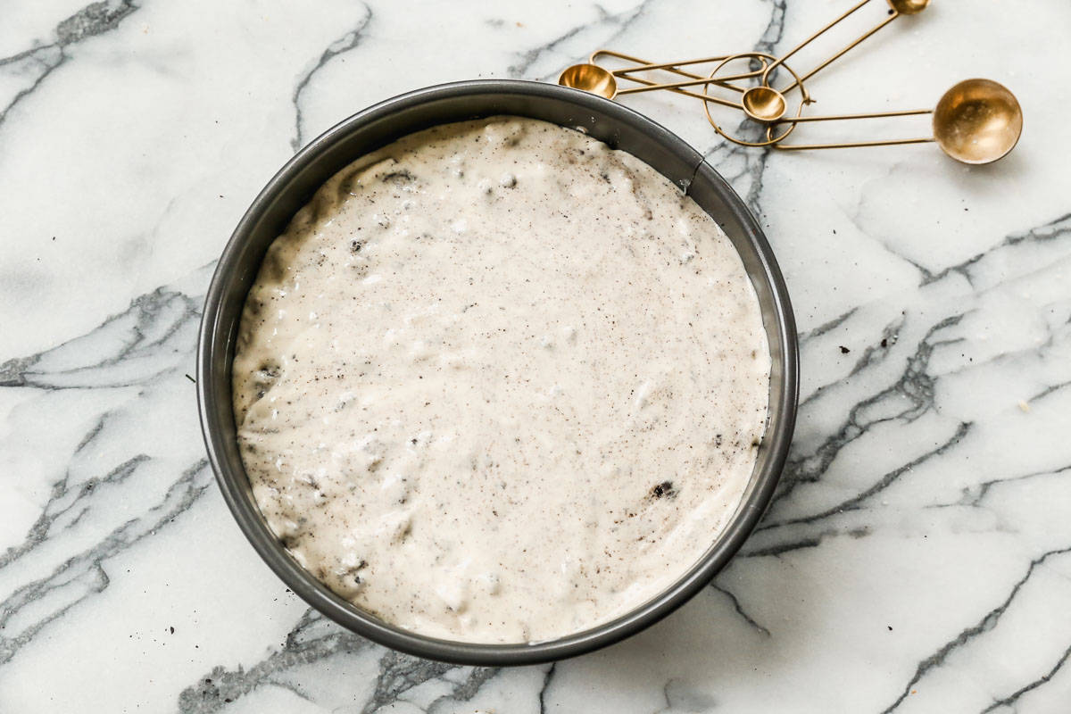 An easy Oreo Cheesecake, ready to be baked.