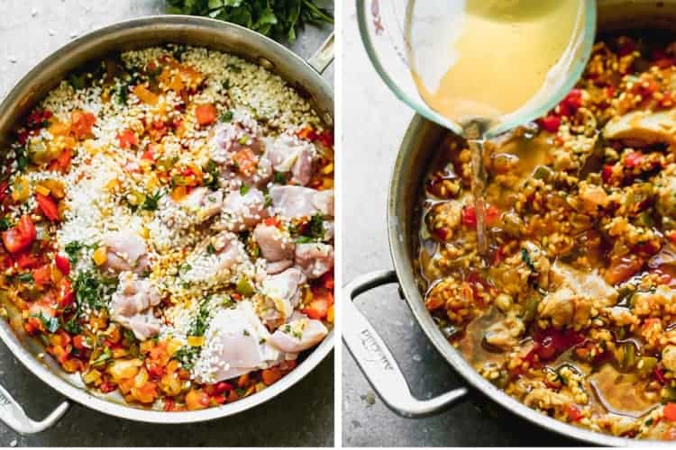 A skillet with sautéing vegetables, chicken and rice, then broth added to make paella.