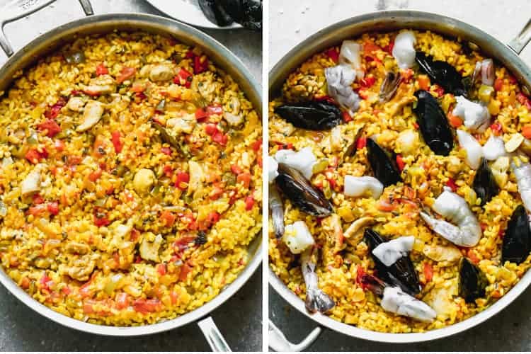 Paella rice cooking in a pan, then mussels, shrimp and calamari added.