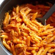 A pot full of penne alla vodka, with a spoon for serving.