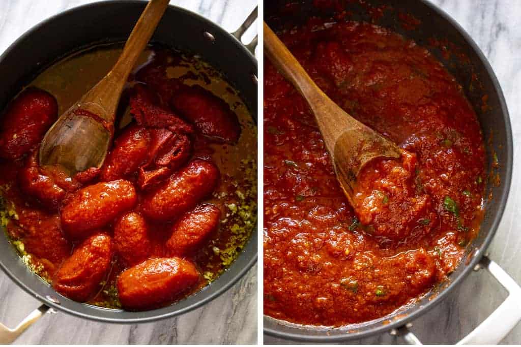 Two process photos for making the tomato sauce for penne arrabiatta.