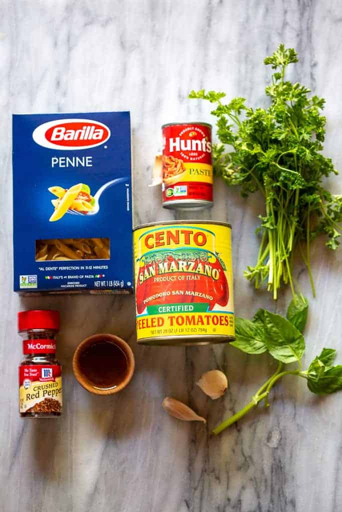 The ingredients needed to make Penne Arrabbiata.