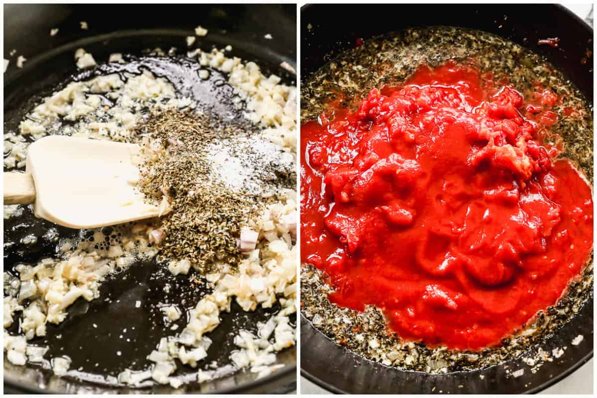 Two images showing shallots and garlic sautéed in butter and oil then spices and crushed tomatoes added for a pink sauce recipe. 