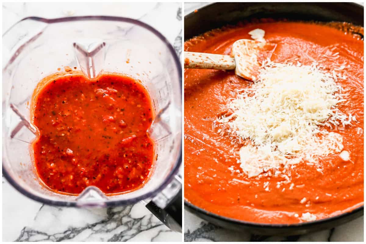 Two images showing how to make pink sauce pasta by blending the sauce then adding cream and parmesan cheese. 