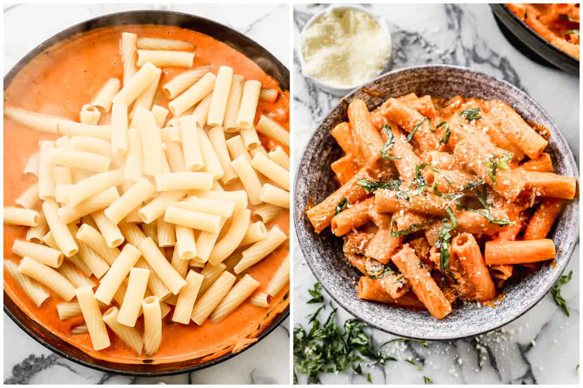 Two images showing a creamy tomato pasta sauce recipe with the pasta dumped into the sauce then when it's served in a bowl with fresh parmesan and basil sprinkled on top. 