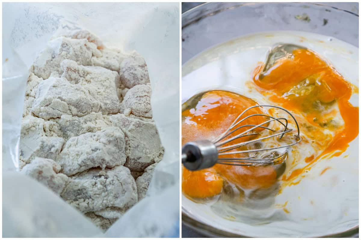 Chicken pieces coated in flour next to milk and eggs being whisked together. 