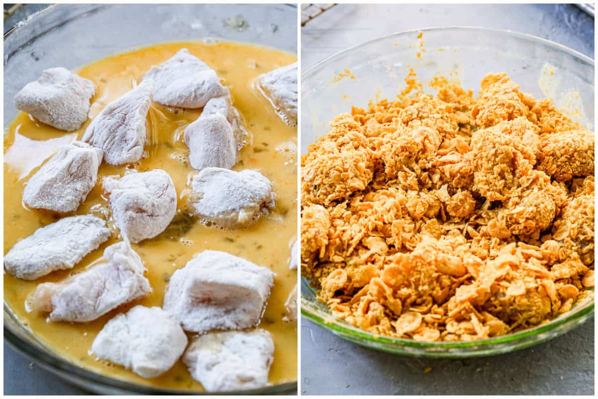 Popcorn chicken pieces being coated in beaten eggs and then cornflake crumbs.