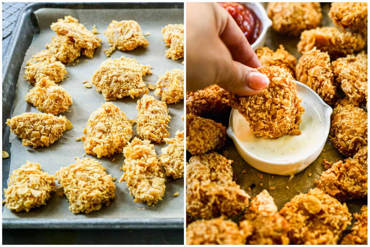 A photo of popcorn chicken on a sheet pan before baking, next to a photo of the baked popcorn chicken, dipped in sauce. 