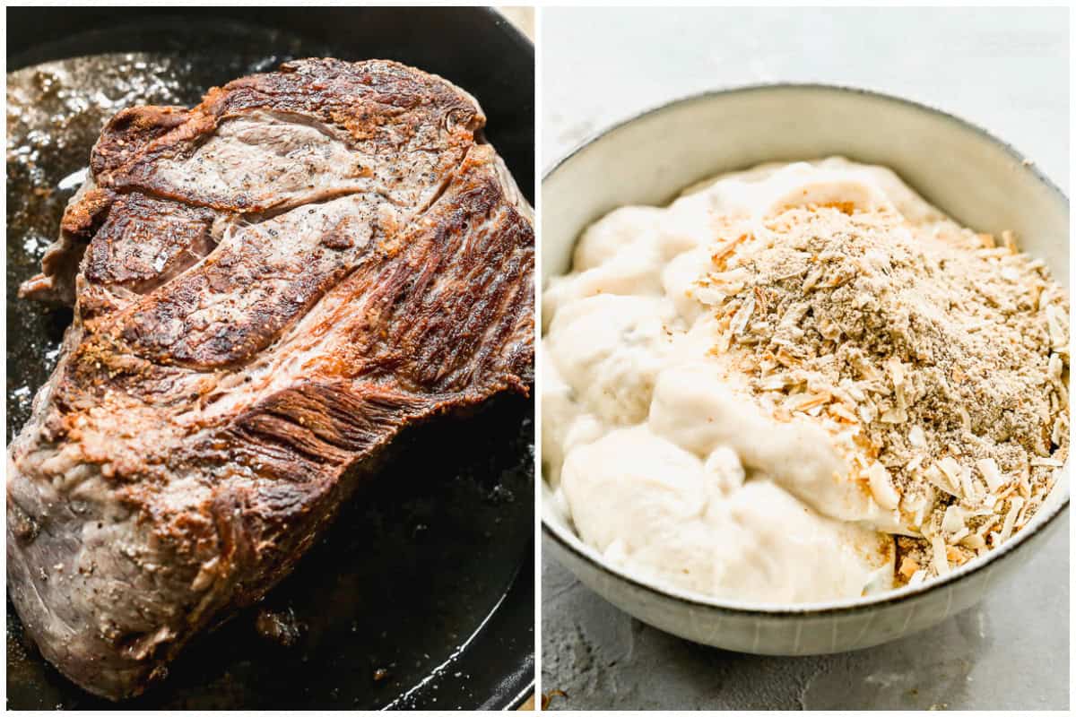 Two images showing a chuck roast being seared in a cast iron pan then a simple sauce for the best pot roast recipe. 