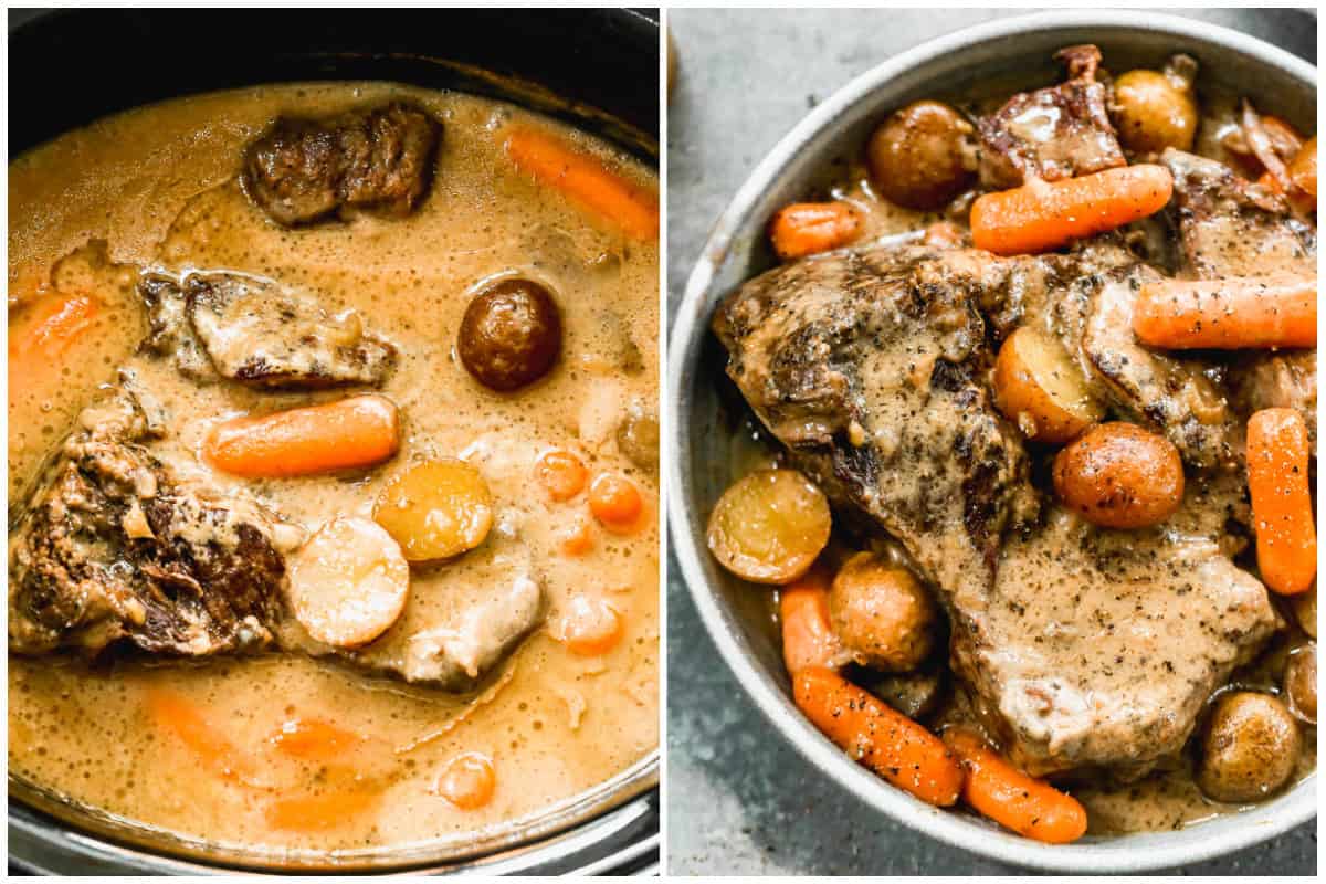 Two images showing an easy Pot Roast recipe after it's been cooked in a slow cooker, then when it's moved to a bowl to serve.