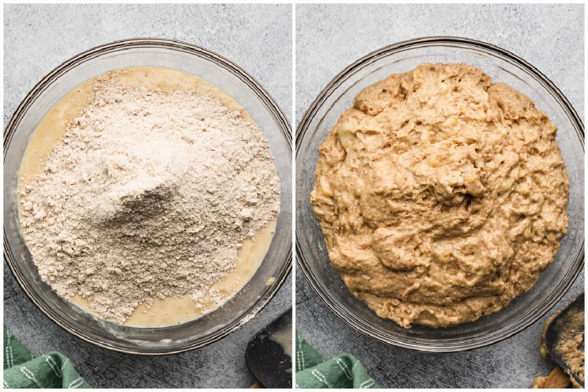 Two images showing how to make protein banana bread by combining the wet ingredients and dry ingredients in separate bowls then after the batter is finished. 