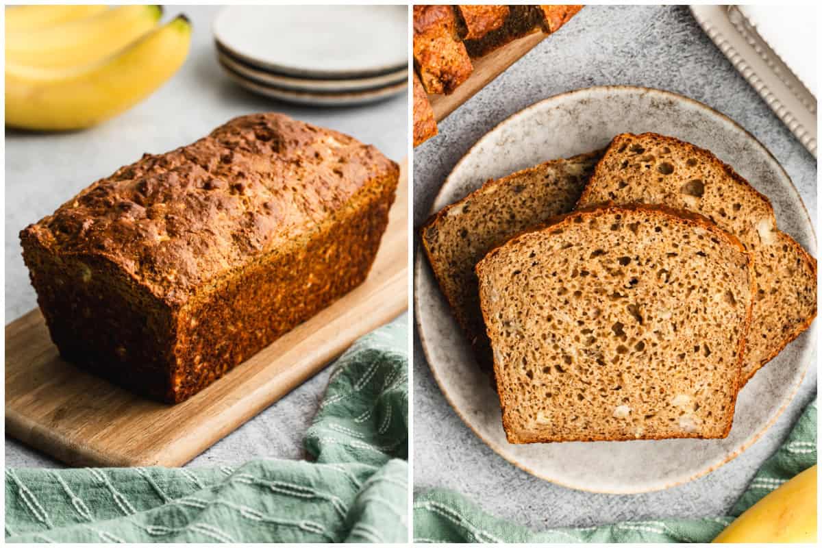 Two images showing a loaf of a healthy protein banana bread recipe fresh out of the oven then three slices on a plate. 