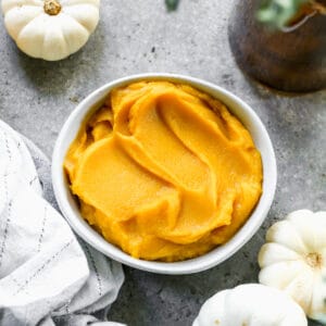 Homemade pumpkin puree, in a bowl.