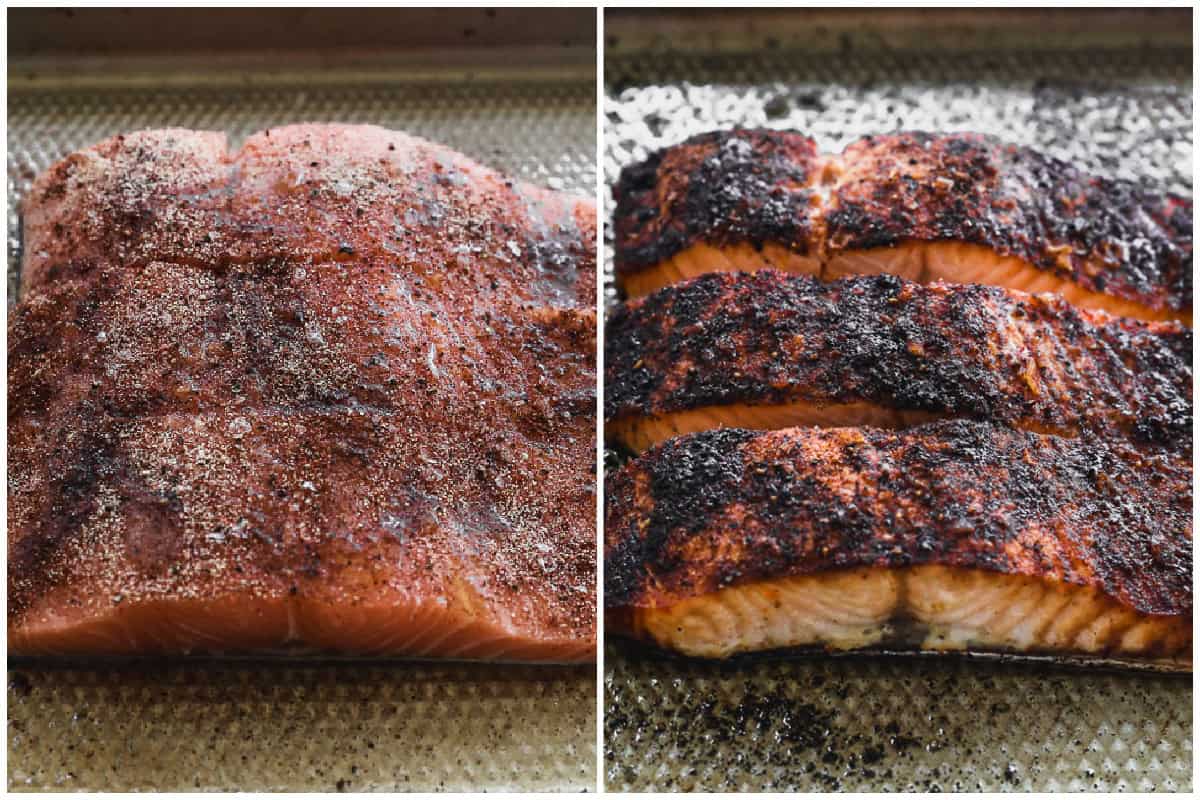 Two images showing salmon fillets rubbed with seasoning, and before and after they are cooked. 