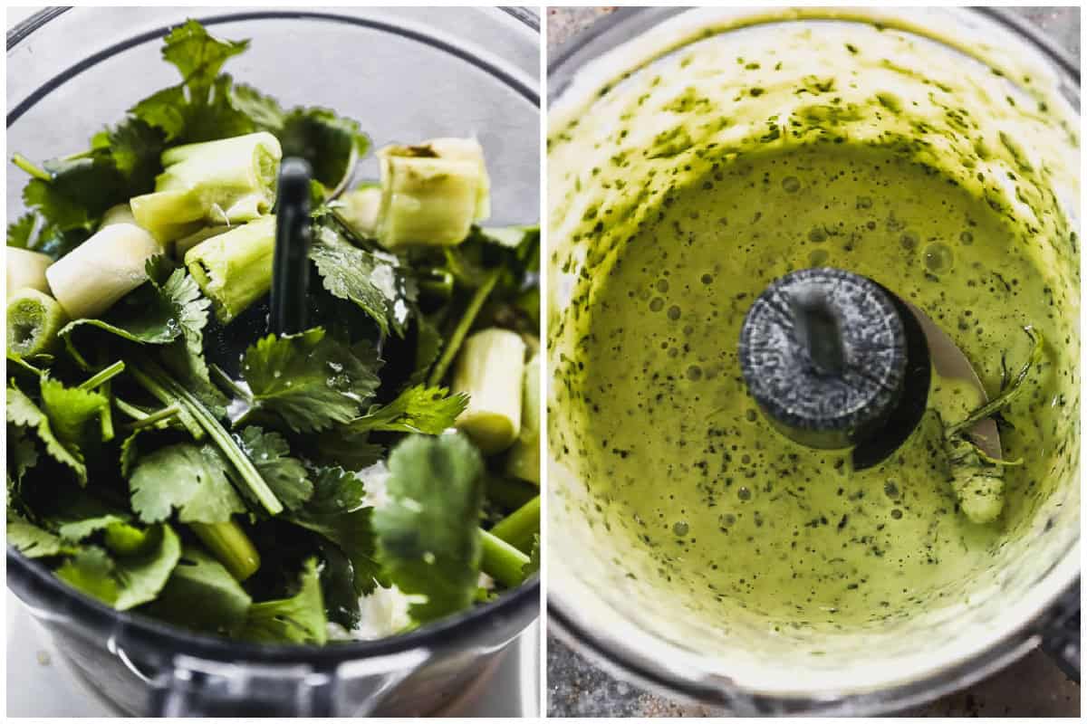 Two images of the ingredients for cilantro lime sauce before and after it's blended in a food processor. 