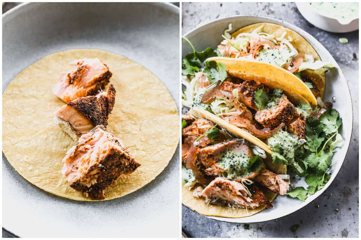 Two images showing how to assemble salmon fish tacos in corn tortillas. 