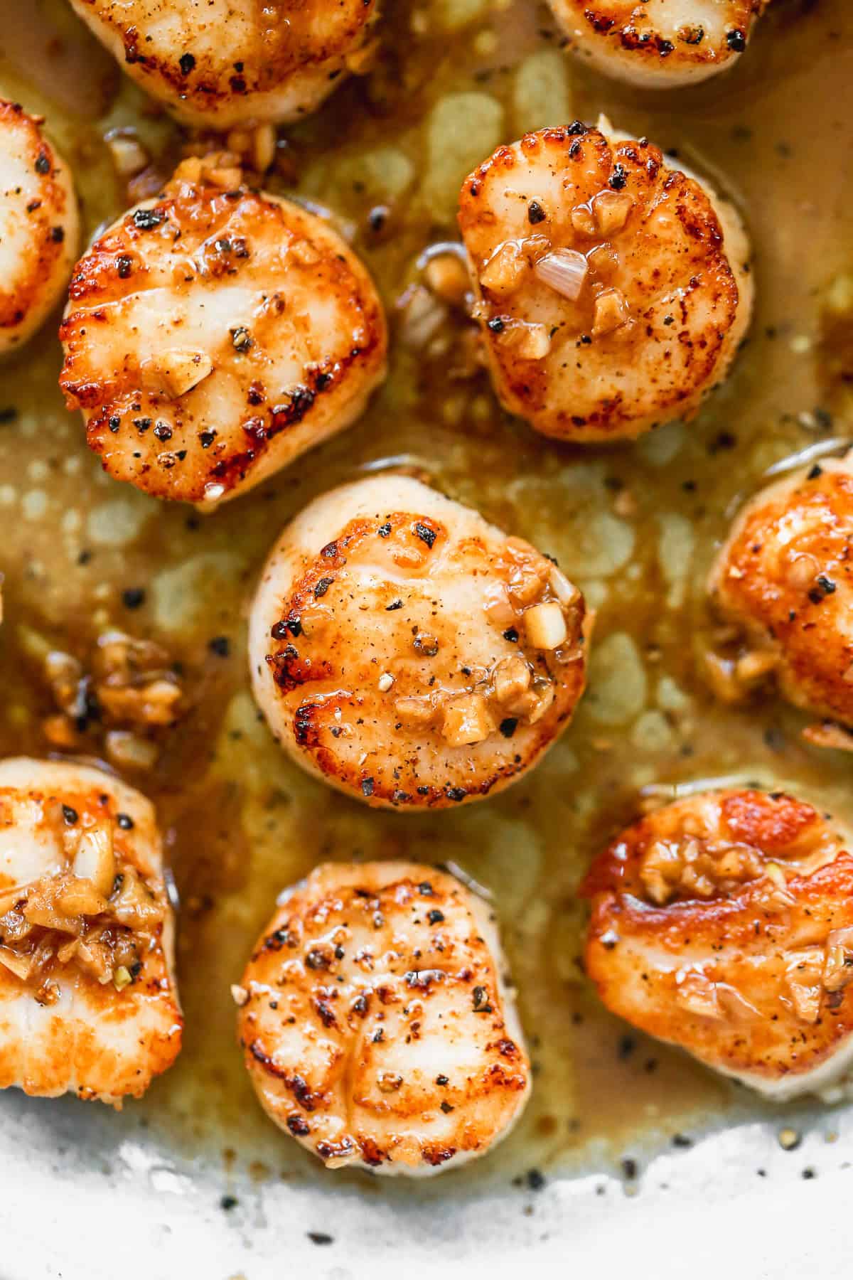 The best Pan Seared Scallops recipe with a golden crust and an easy garlic butter sauce spooned on top. 