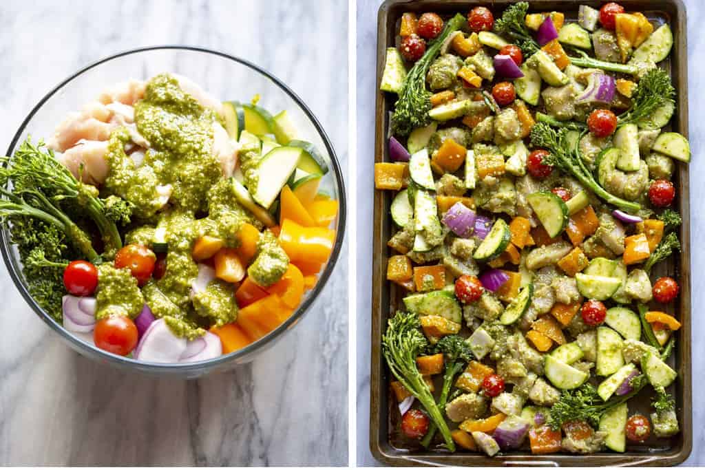 Chopped vegetables and chicken in a bowl with pesto sauce, and then poured onto a baking tray.